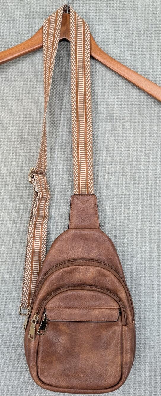 BOSTANTEN Vegan Leather Sling Bag Crossbody Woven Strap Caramel Brown
